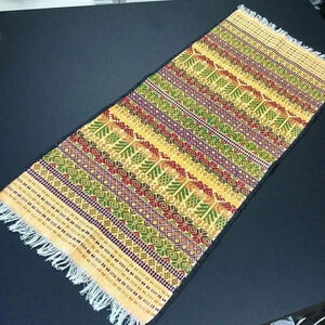 Vintage Yellow Red Black Sides Aztec Tribal Boho Woven Fringe Table Runner 18x42